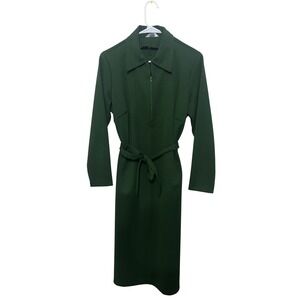 Sears 70s Vintage Green Collared Belted‎ Midi Dress Women's L see measurements!
